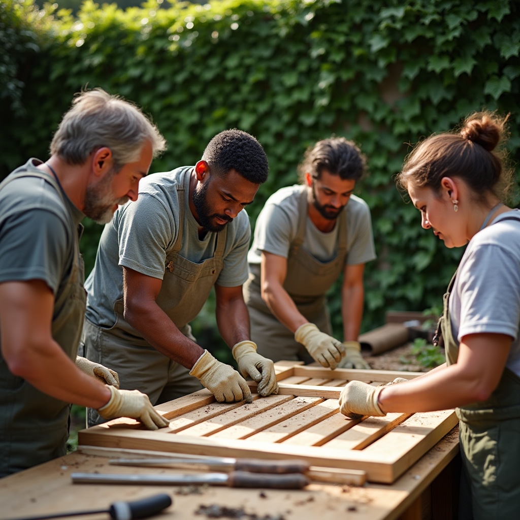 Participantes construyendo un compostador de madera durante el taller