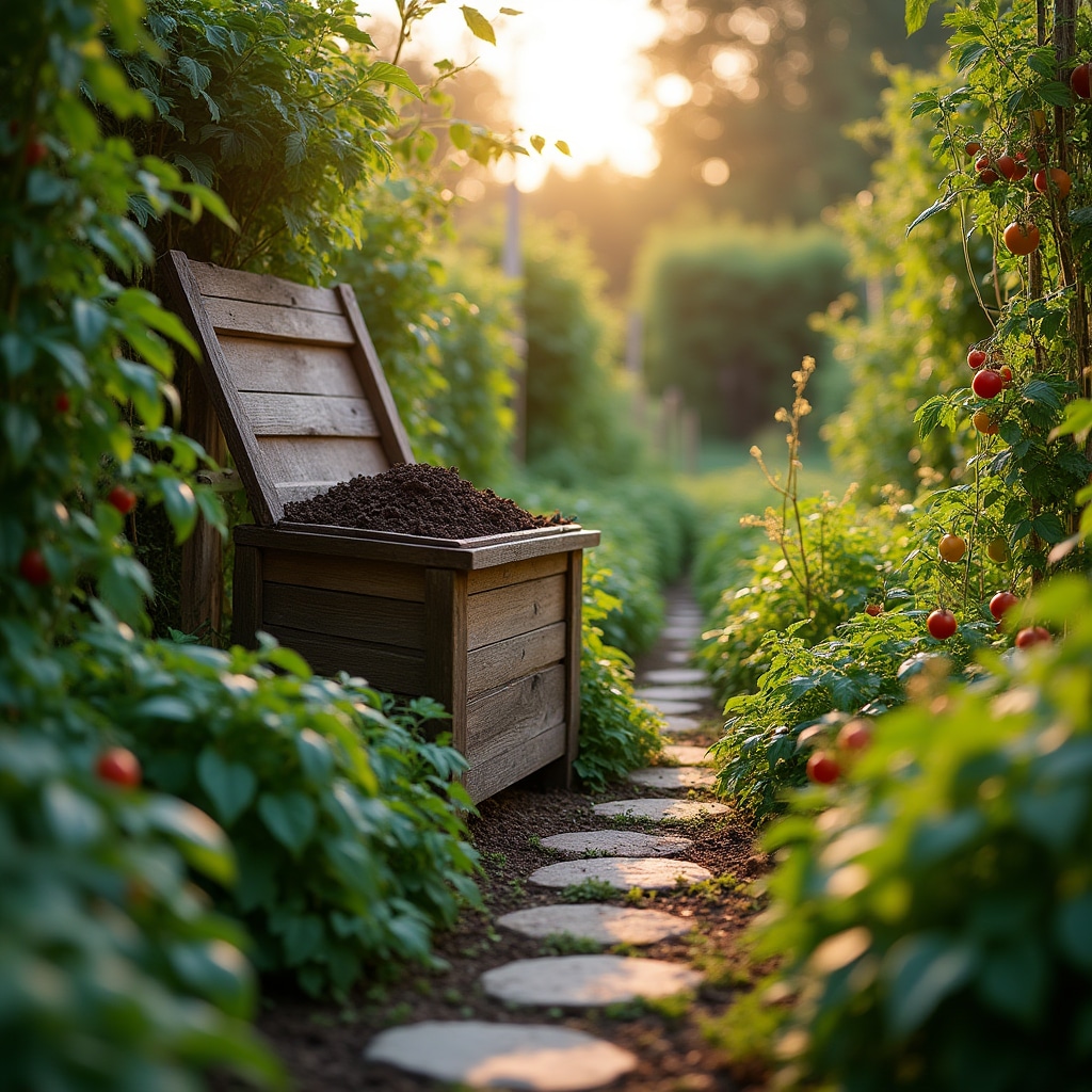 Jardín sostenible con compostador doméstico entre plantas verdes