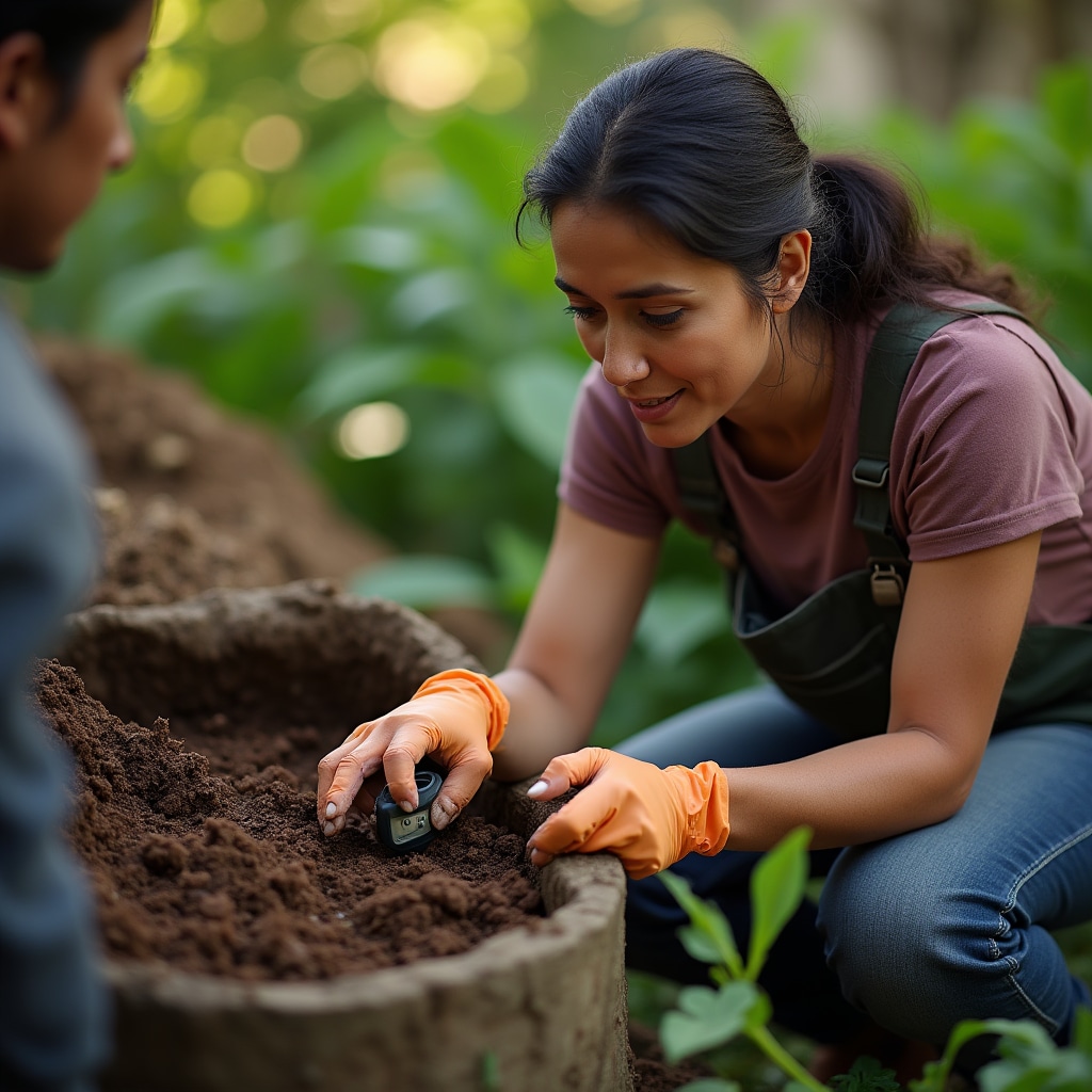 Instructor revisando el estado de un compostador para diagnóstico de problemas