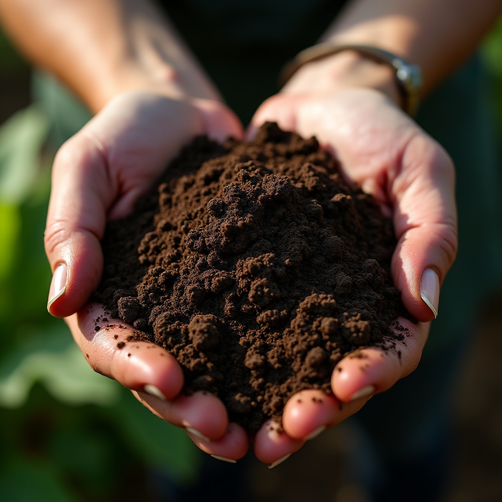 Compost maduro de color oscuro listo para usar como fertilizante
