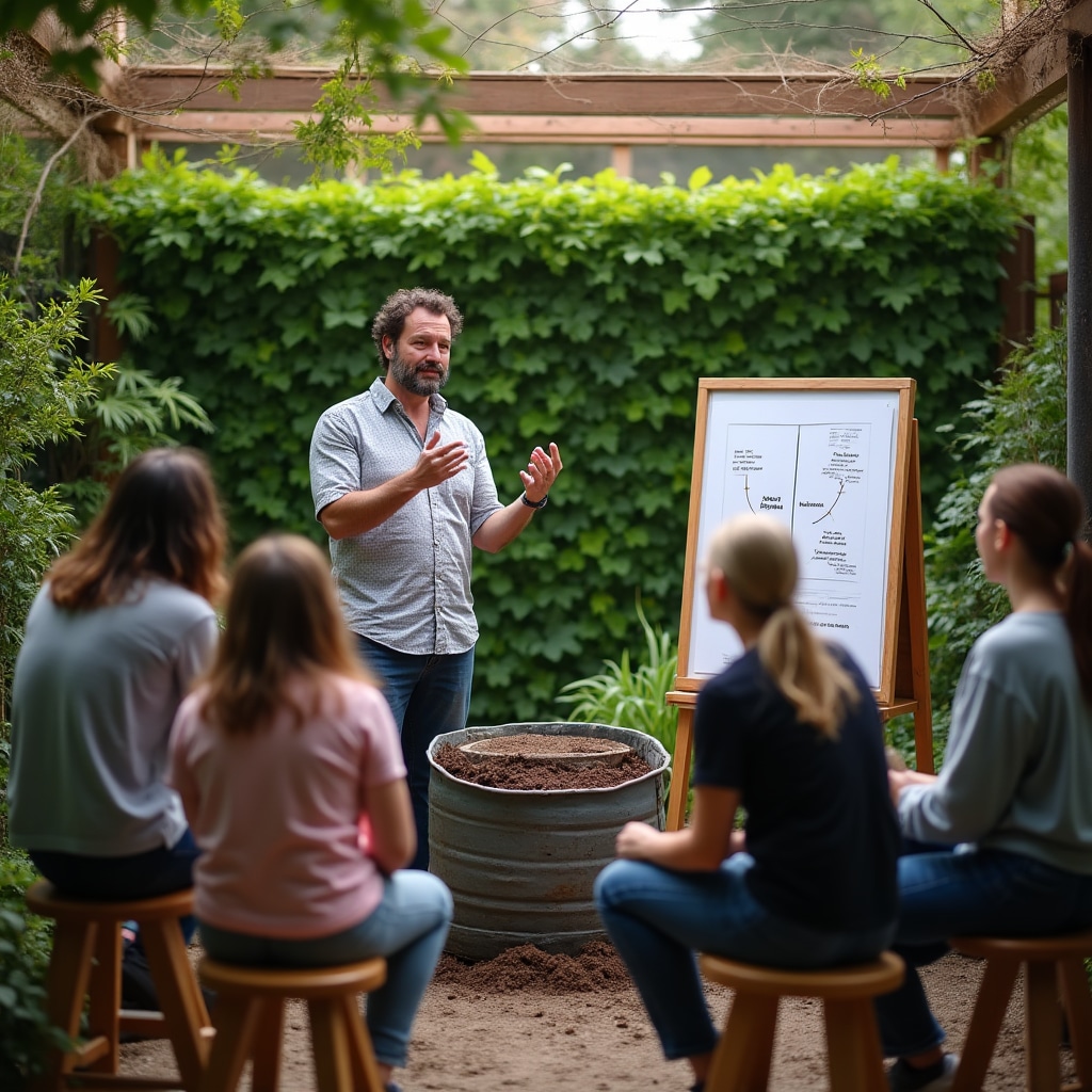 Instructor explicando técnicas de compostaje a un grupo de participantes