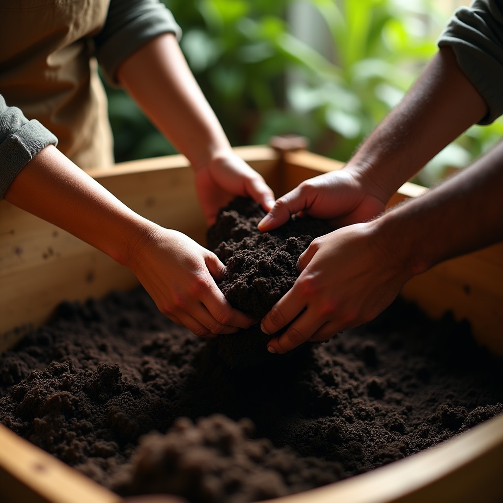 Manos trabajando con material de compost durante el taller